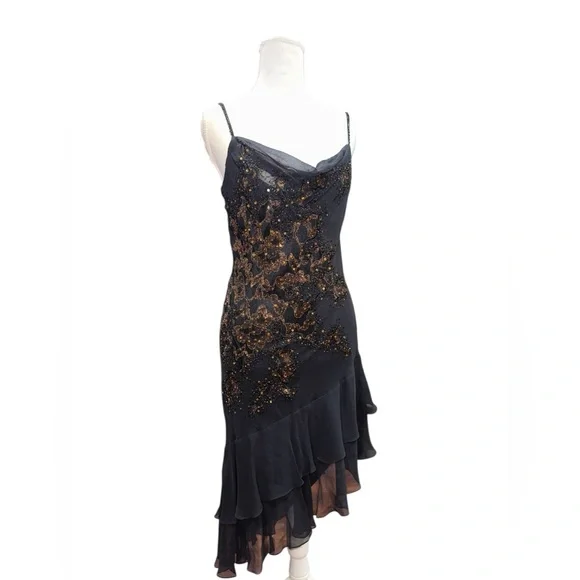 Vintage Sue Wong 100% Silk Beaded Cocktail Dress 8P NWT Black Gold Sequin - Picture 2 of 9